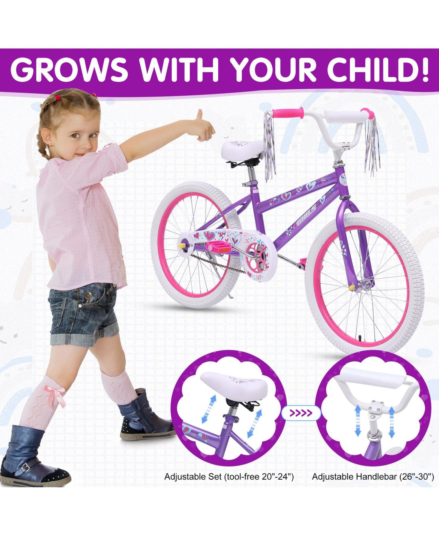 Детская игрушка SUGIFT 20-inch Kids Bike with Adjustable Saddle and Handlebar for 3-8 Years Olds, цвет: Фиолетовый — фото 6