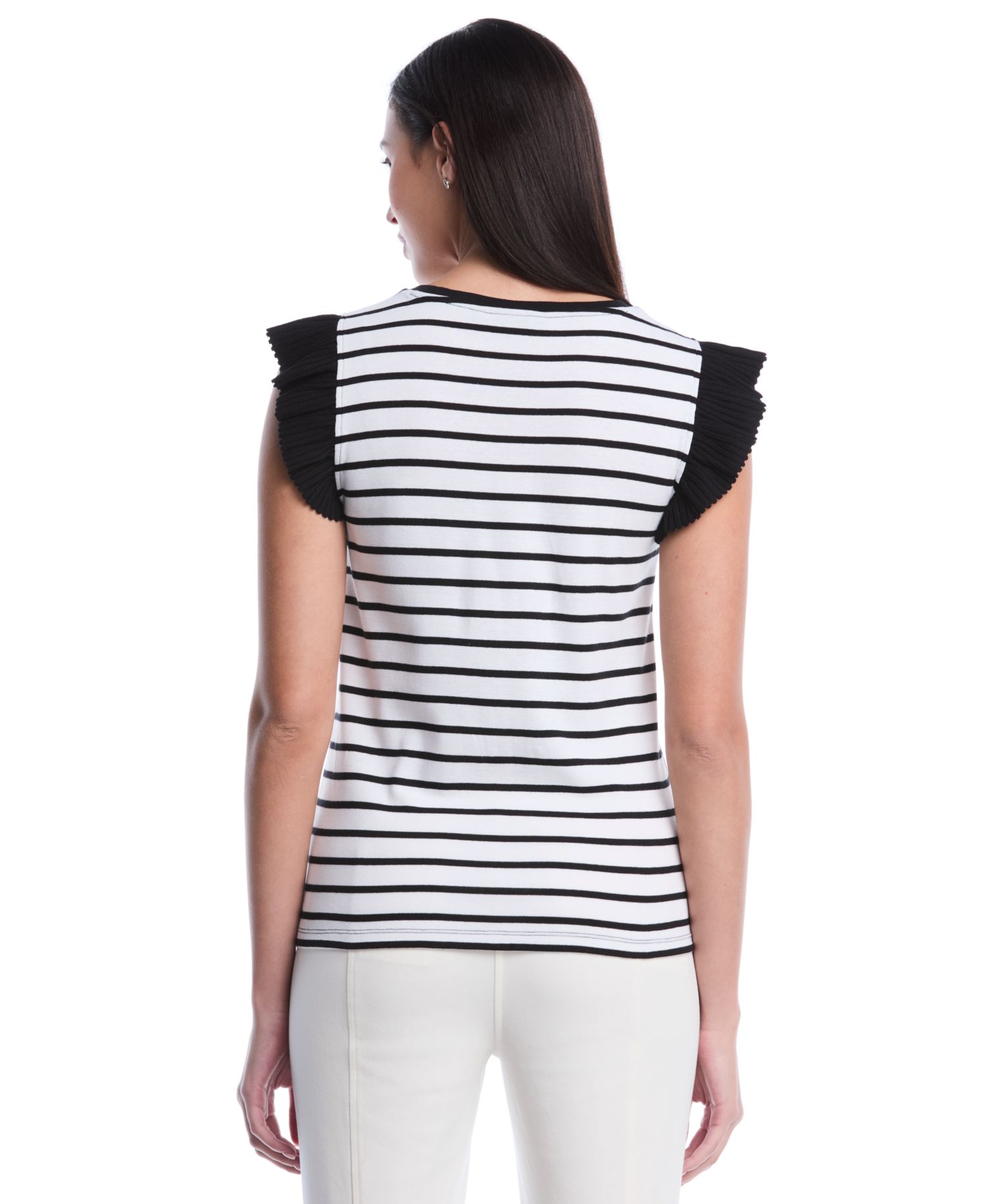 Petite Striped Ruffle Cap-Sleeve Top