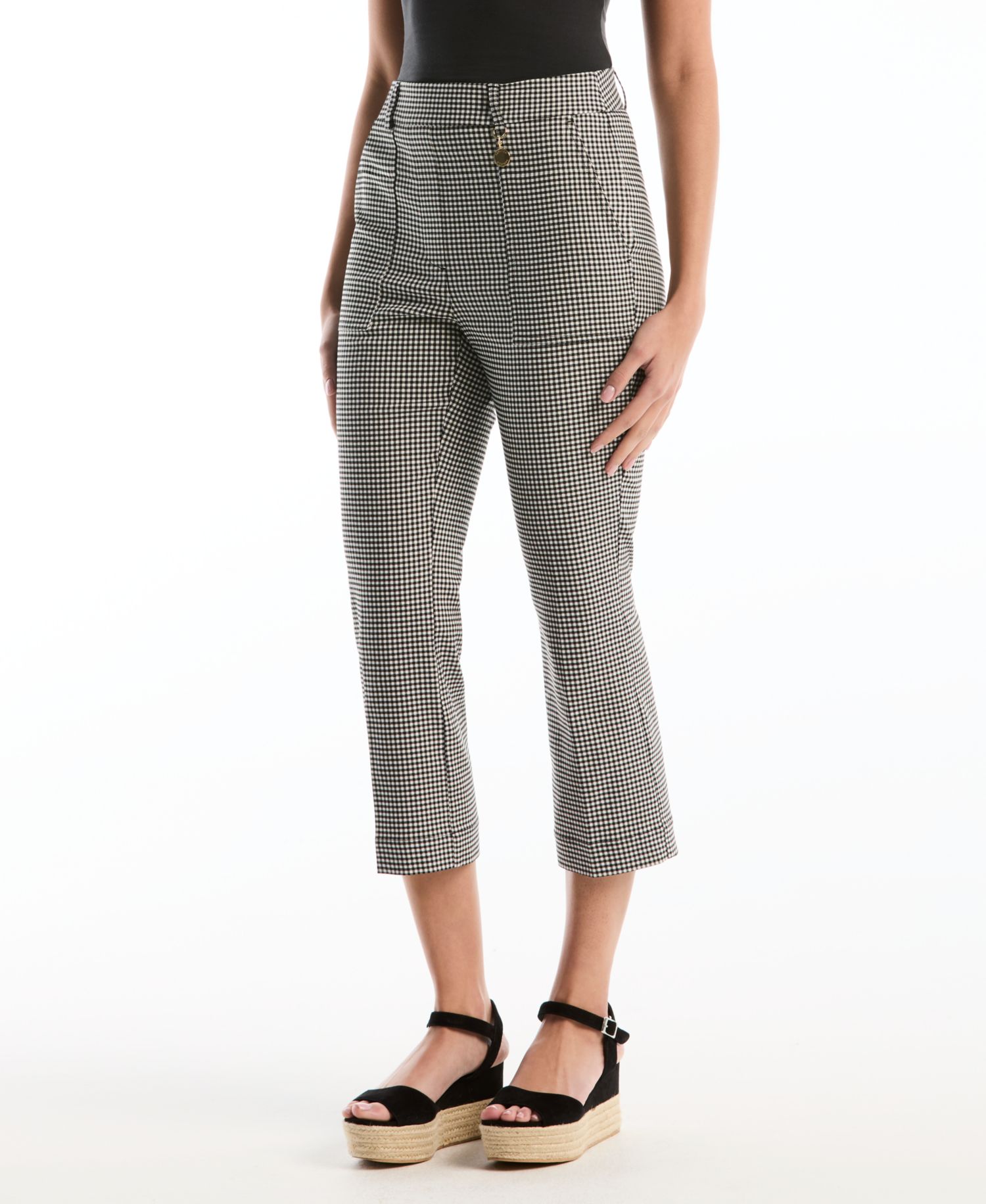 Petite Gingham Print Porkchop Pocket Kick Flare Capri Pants