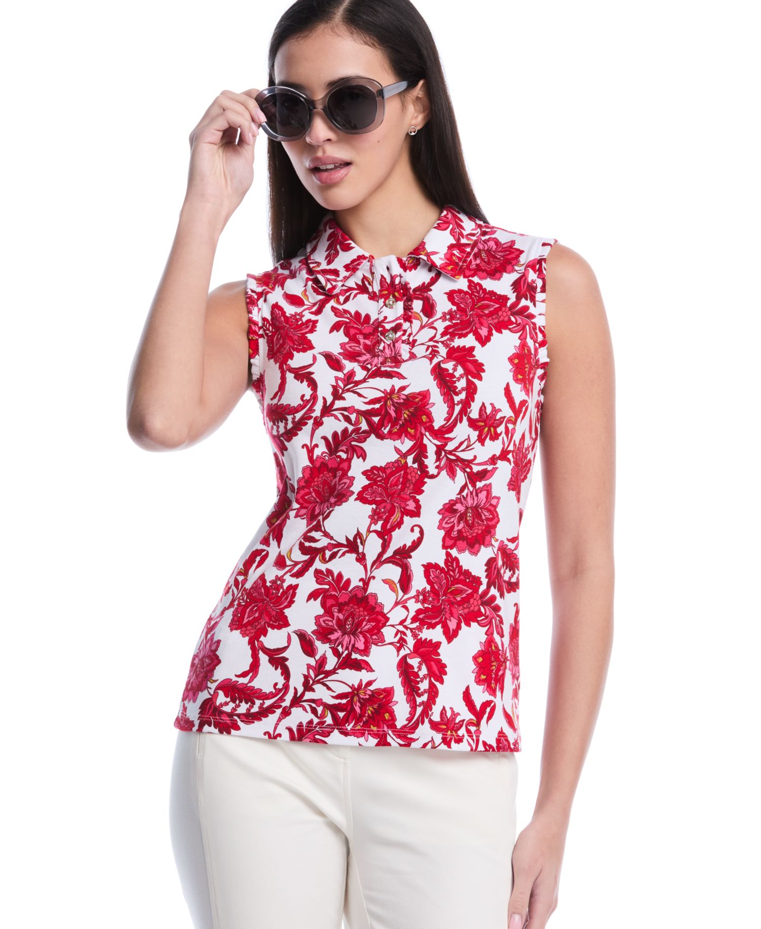 Petite Botanical Print Ruffle Trim Sleeveless Polo Shirt