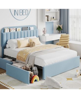 Twin Bed Frame with 2 Drawers, Boucle Upholstered Bed with Bookcase Headboard, Kids Bed, Easy Assembly, No Box Spring, Noise Free