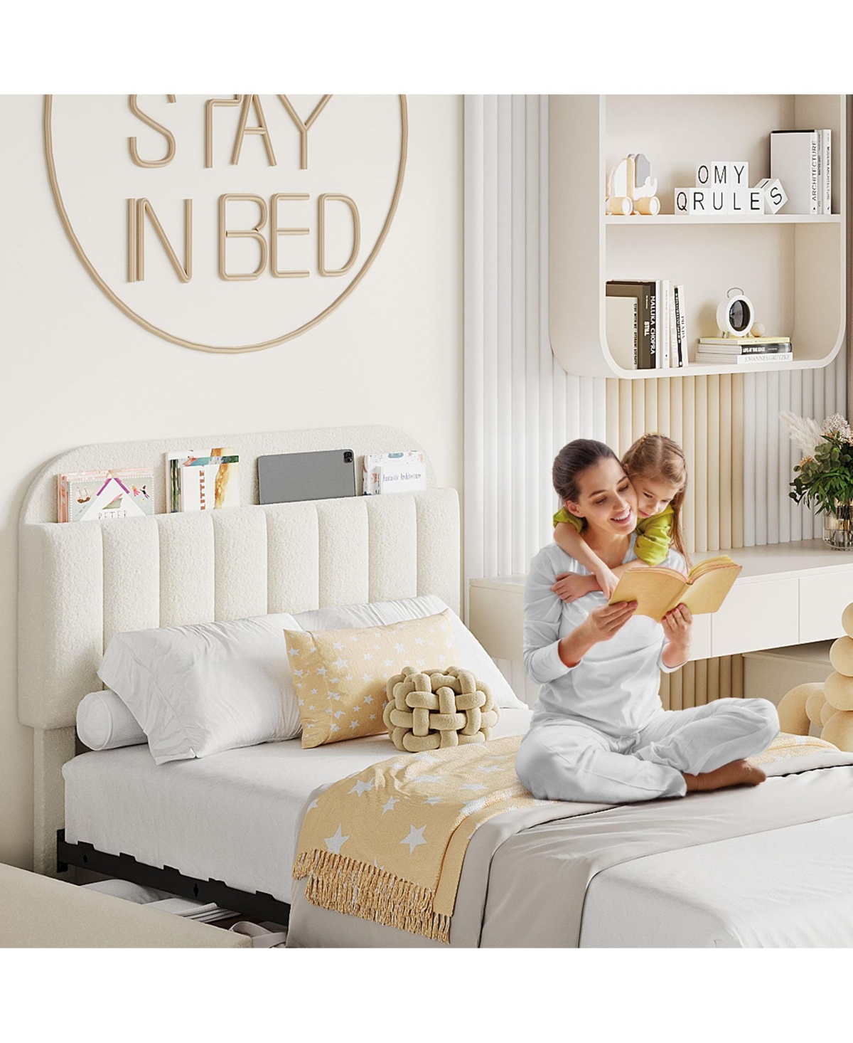 homfan Twin Bed Frame with 2 Drawers, Boucle Upholstered Bookcase Headboard, Kids Bed, Easy Assembly, No Box Spring