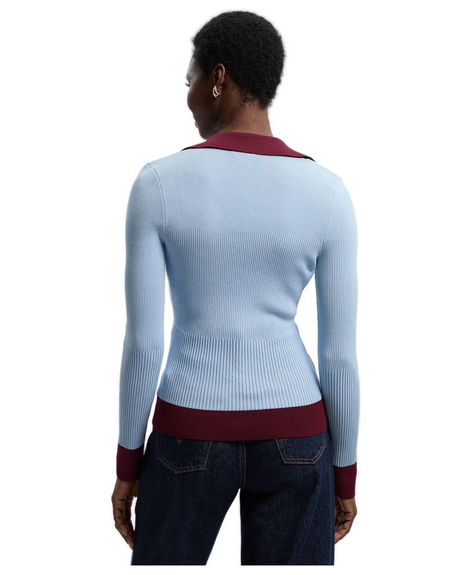 Women's Rib Knit Contrast Hem Collared Top