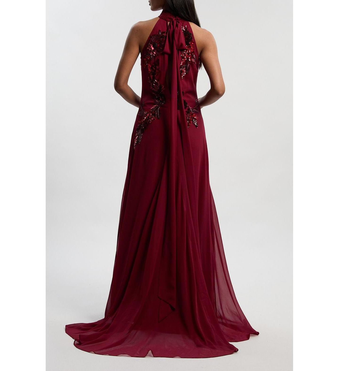 Женское платье Karen Millen Feather Embellished Halter Maxi, цвет: Винный — фото 6