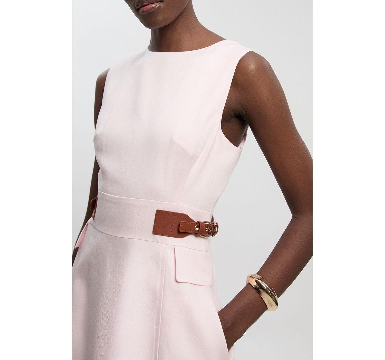 Women's Fitted Belt Crew Neck Midi Dress