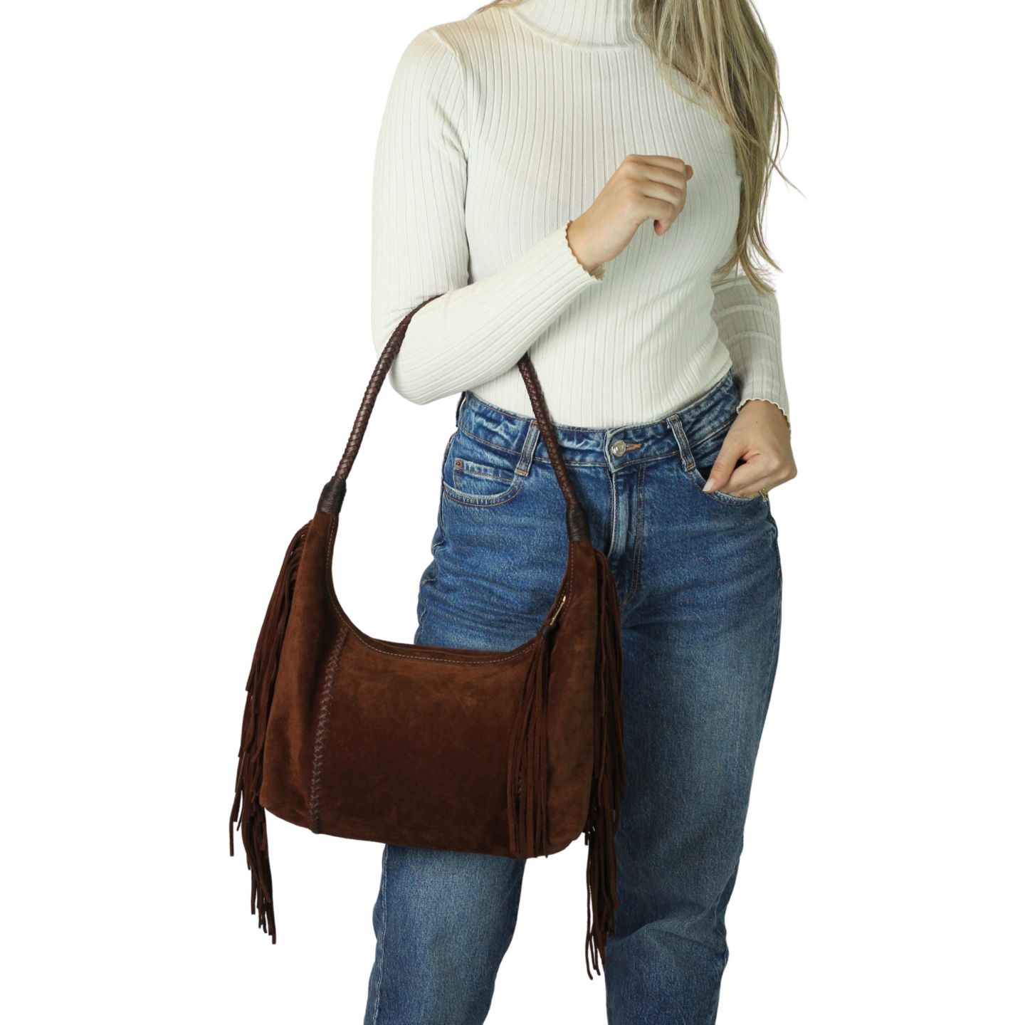 Сумка Carlos Falchi Fringe Suede Hobo, цвет: Кофейный коричневый — фото 7
