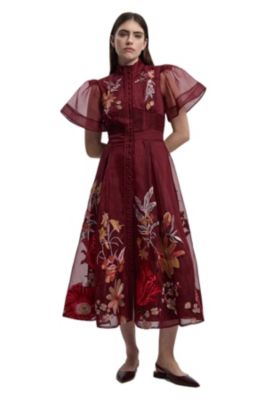 karen millen embroidered midi dress Karen Millen Embroidered Detail Belted Midi Dress in Chocolate