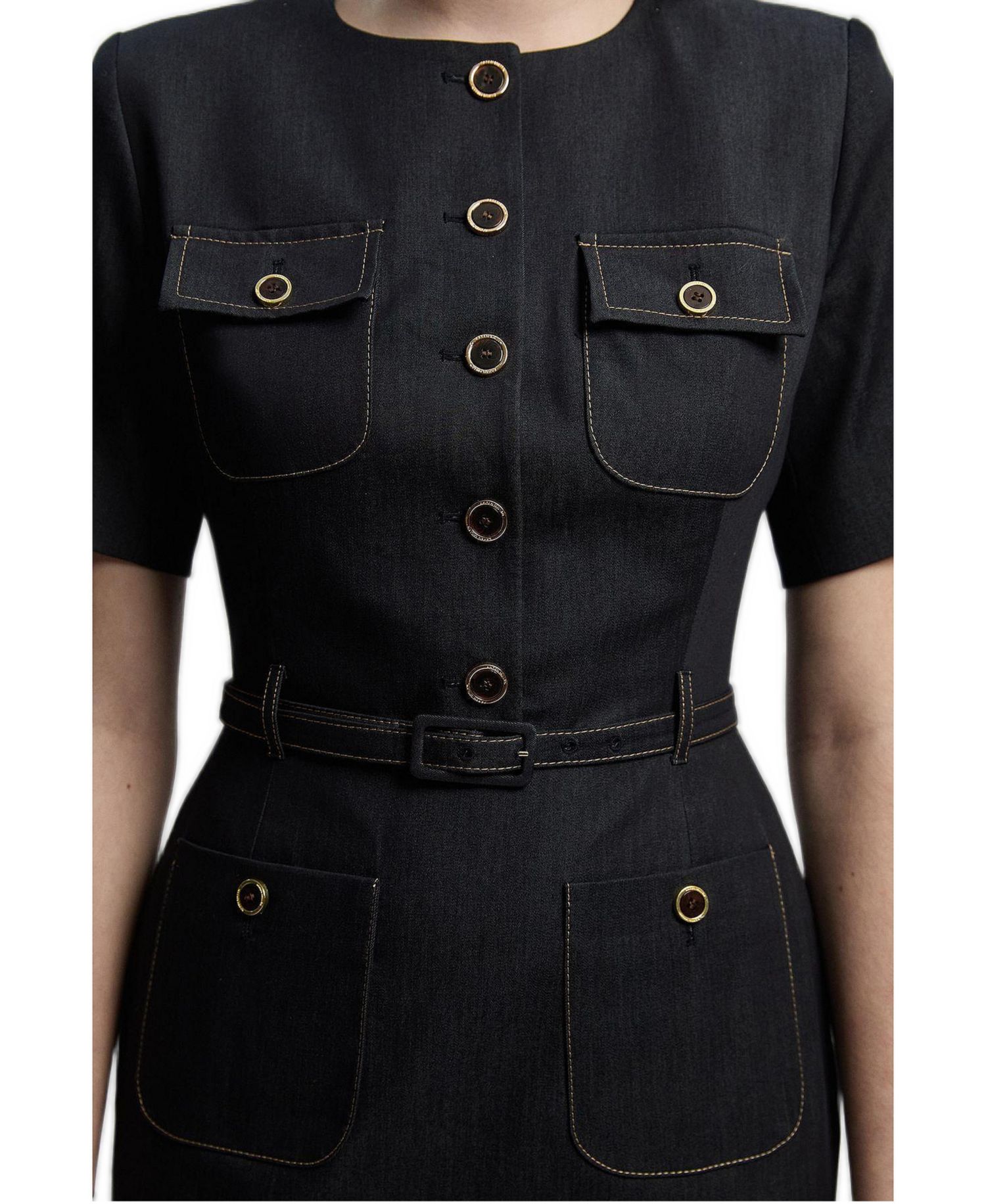 Women's Tailored Denim Belted Midi Dress