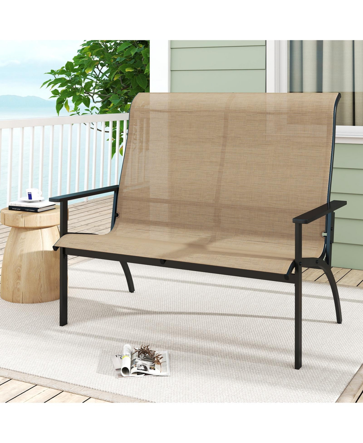 Slickblue Outdoor Garden Bench for 2 Person with High Back and Armrests