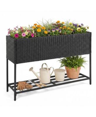 Elevated Planter Box Raised Garden Bed Rattan Surface Bottom Storage Shelf