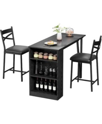 Bar Table and Chairs Set, 3 Piece Bar Table Set with with Flip Top Extension and Storage Shelves, Dining Table Set for 2
