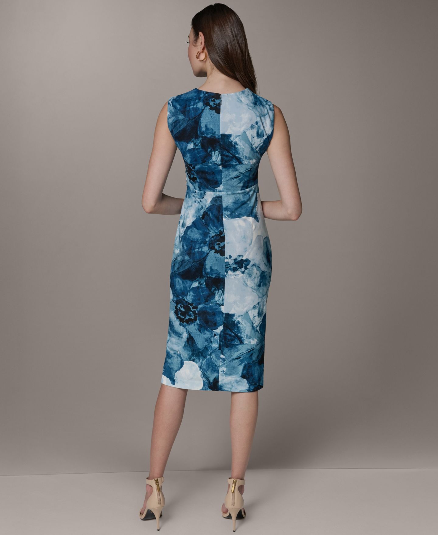 Женское платье Donna Karan New York Petite Printed Ribbed Knot Hardware Midi, цвет: Синий разноцветный — фото 8
