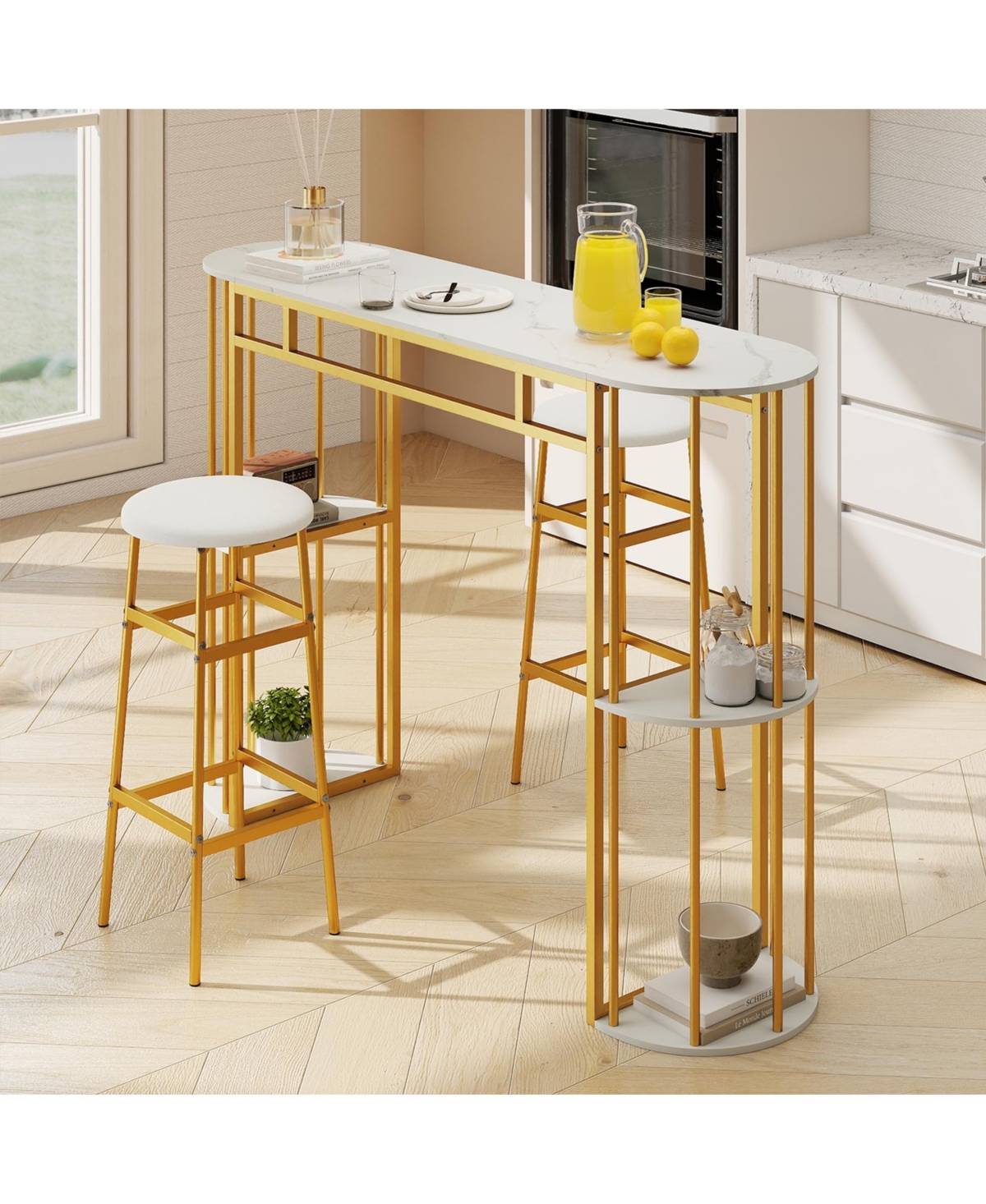 Gymax 60'' Long Bar Table Narrow Pub Table Faux Marble Tabletop and Storage Shelves