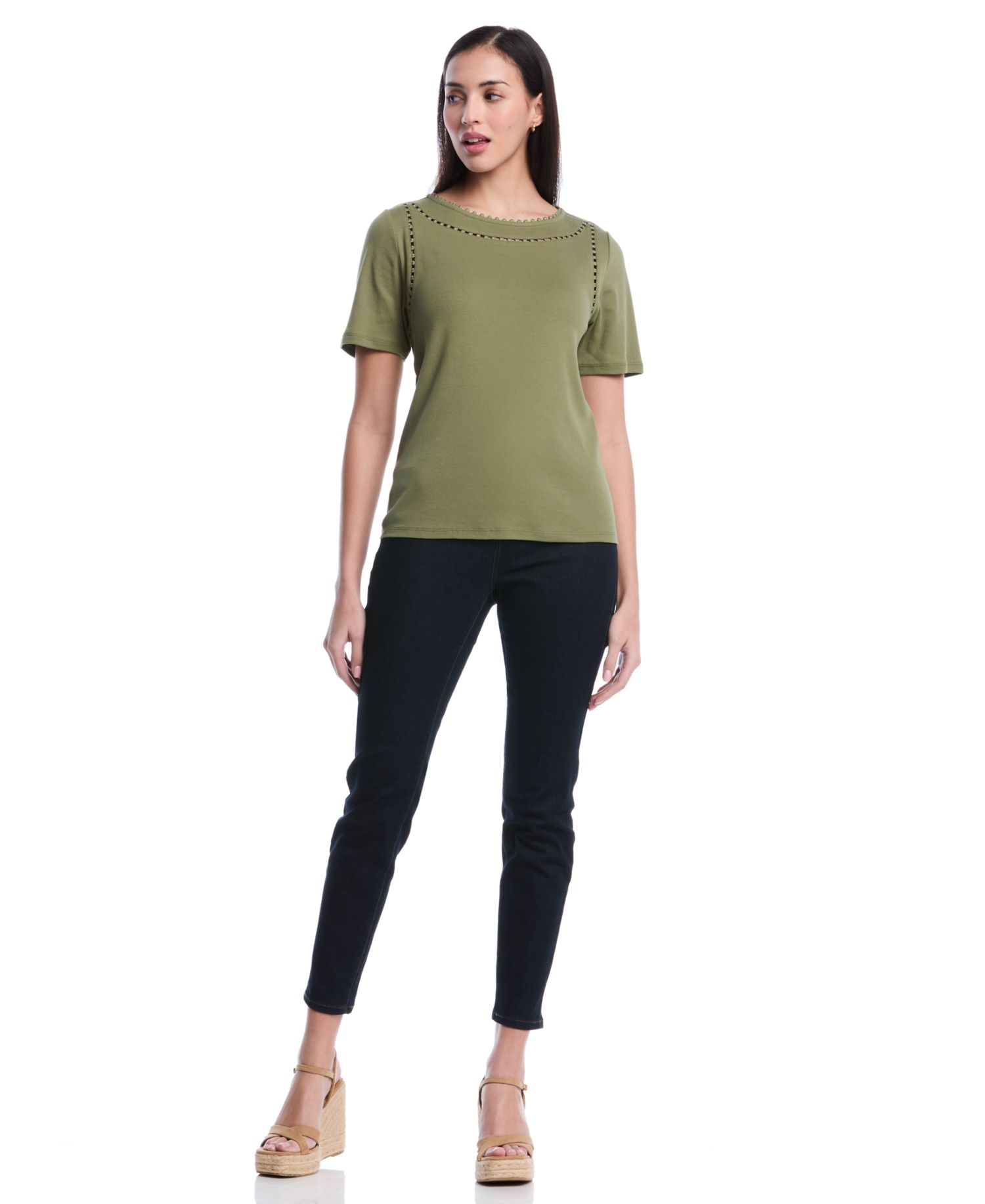 Petite Pom Trim Detail Short-Sleeve Top