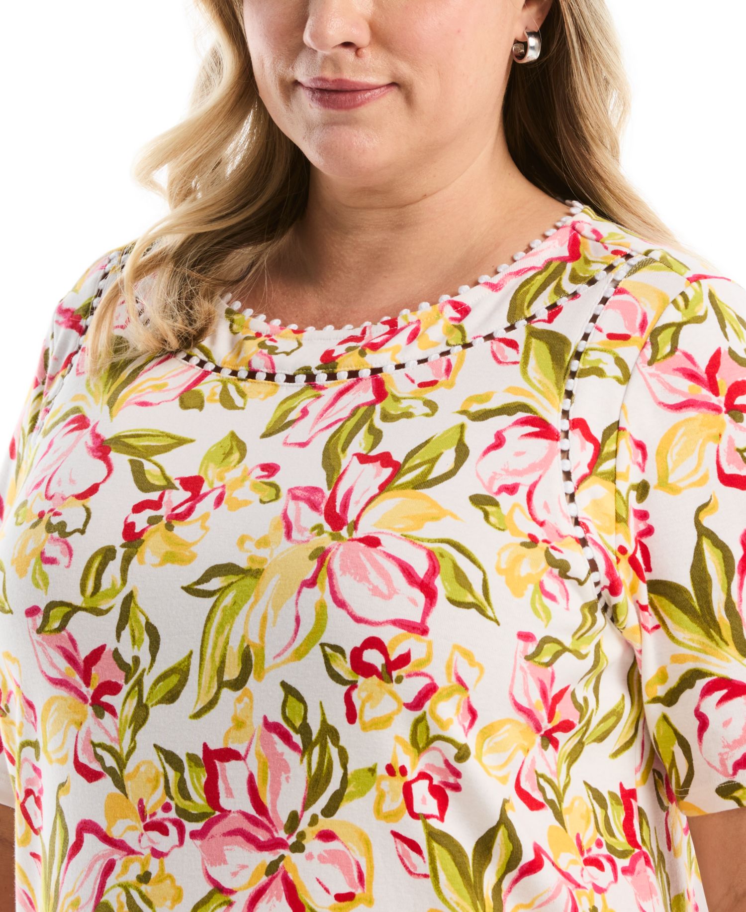 Plus Size Petal Print Pom Trim Detail Short-Sleeve Top