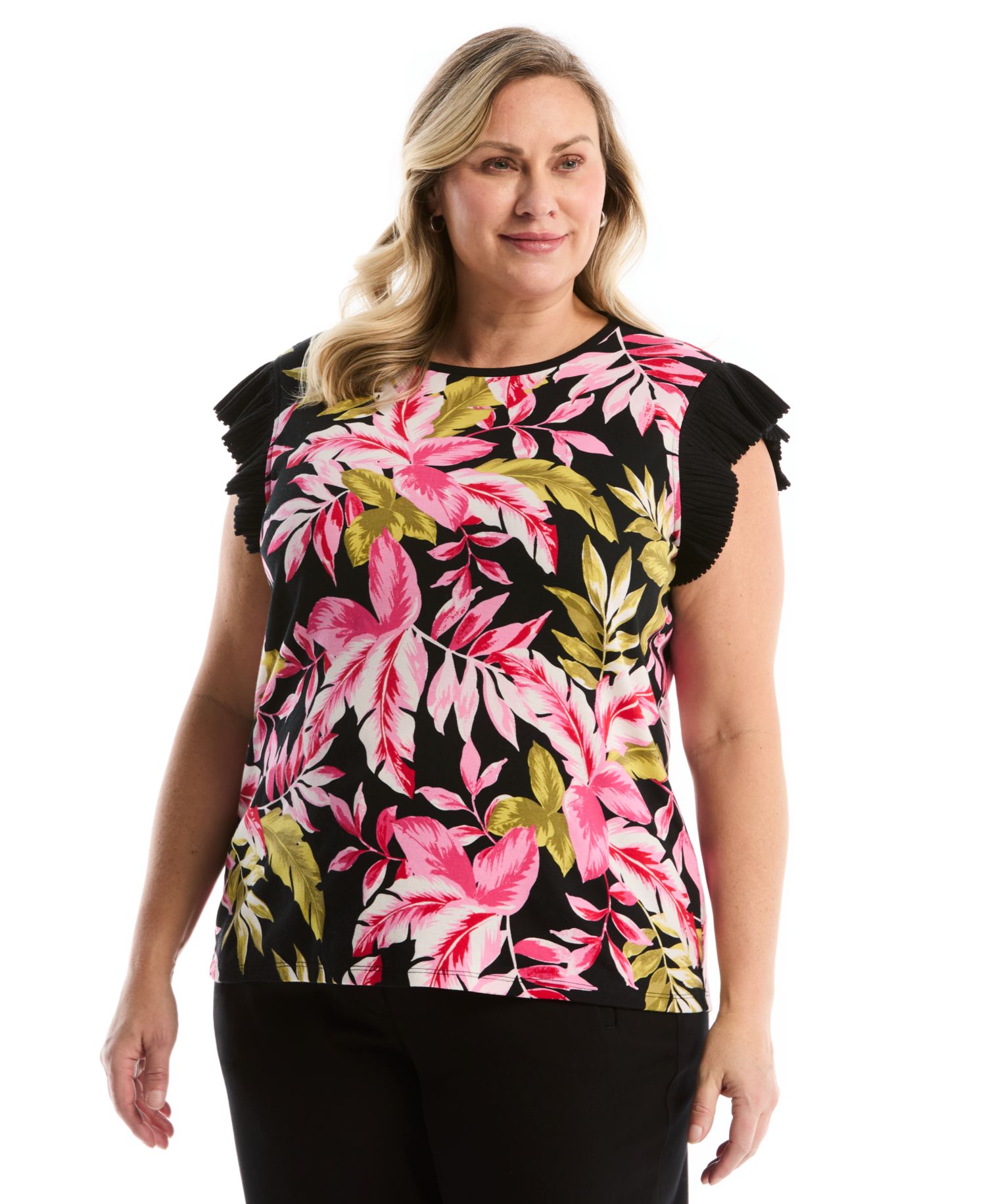 Plus Size Tropical Print Ruffle Cap-Sleeve Top