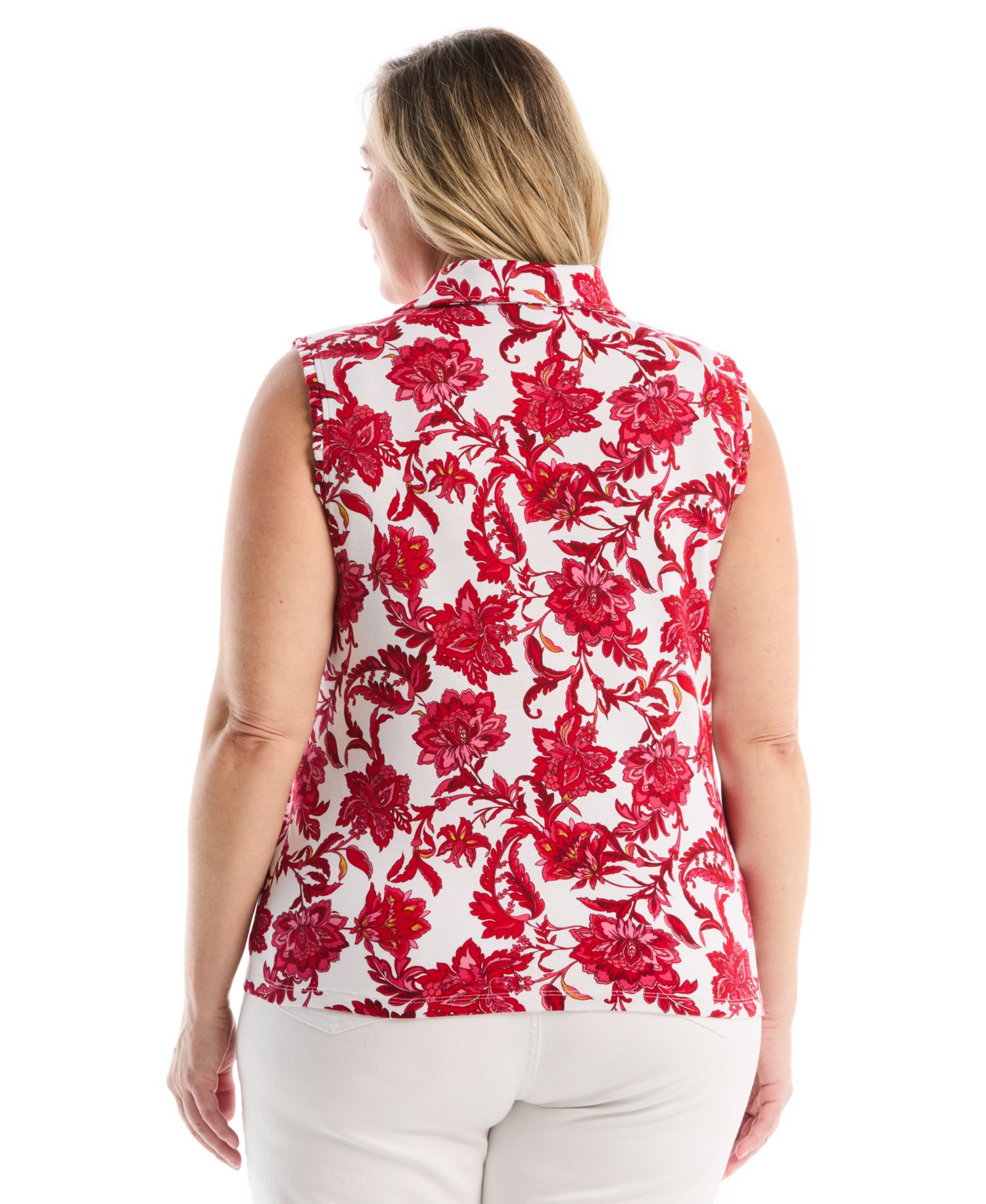 Plus Size Botanical Print Ruffle Trim Sleeveless Polo Shirt