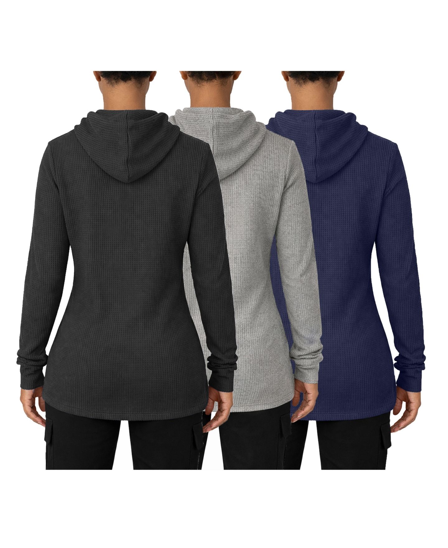 Женские худи Blue Ice Womeen's Loose Fit Waffle Knit Thermal Pullover -3 Pack, цвет: Чёрный меланжевый серый тёмно-синий — фото 3