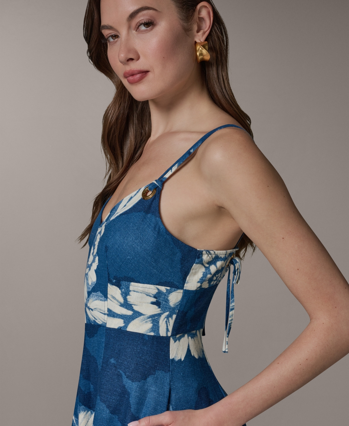 Donna Karan New York Women's V-Neck Linen Blend Fit & Flare Sleeveless Midi Dress