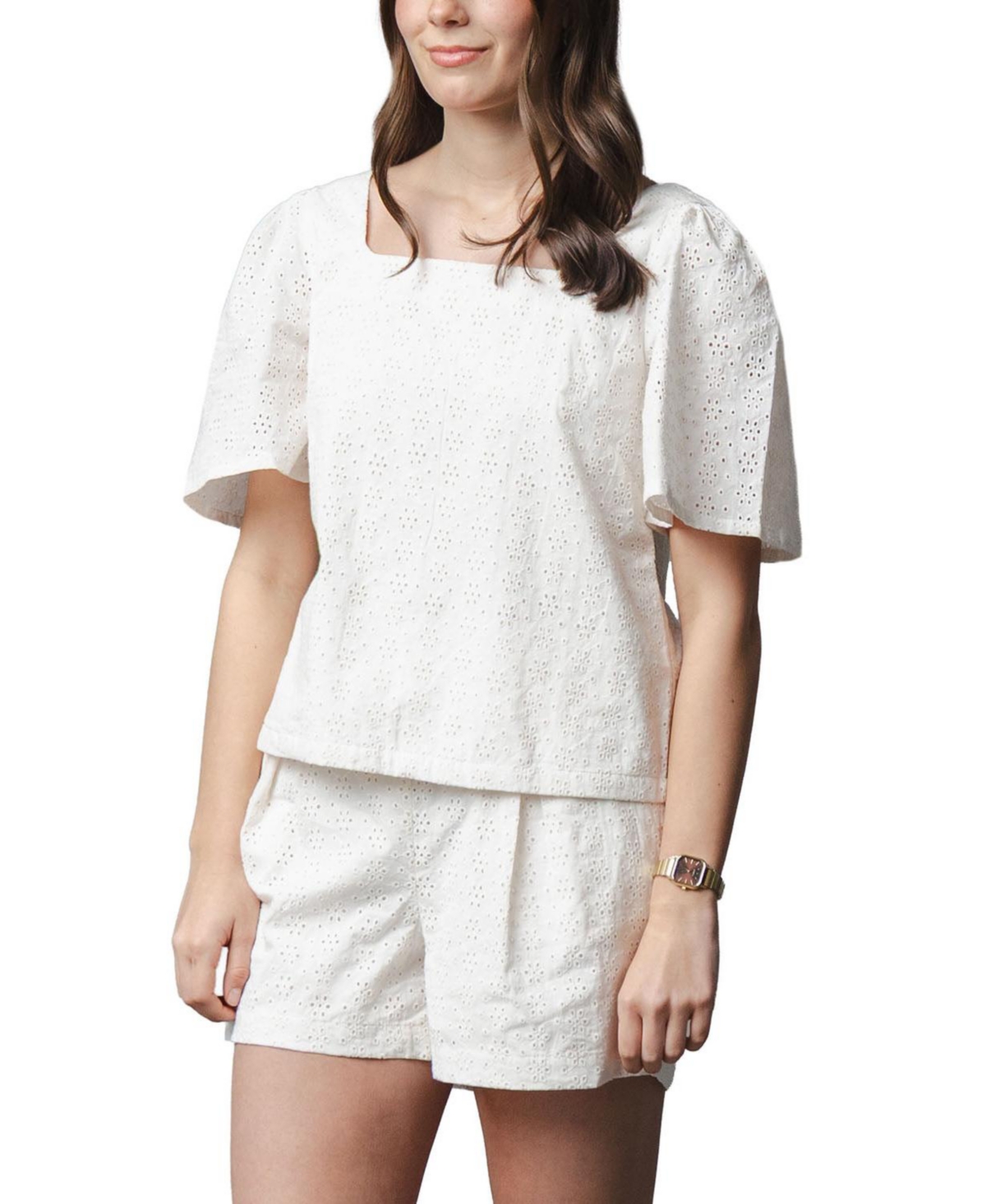Hope & Henry Women's and Organic Flounce Sleeve Eyelet Top
