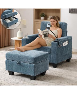 Modern Accent Chair Ottoman Set, Multi-Functional Convertible Chaise Sleeper Bed Featuring USB Charging and Phone Holder for Living Room