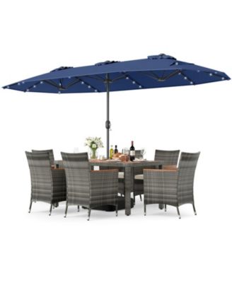 8-Piece Outdoor Wicker Dining Set with 13.5 ft Solar LED Umbrella