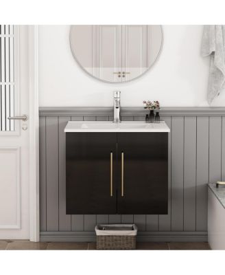 Sillysis - Wall Mounted Bathroom Vanity with Sink, Double Doors, Soft Close Hinges, Modern Glossy Cabinet for Small Spaces Black