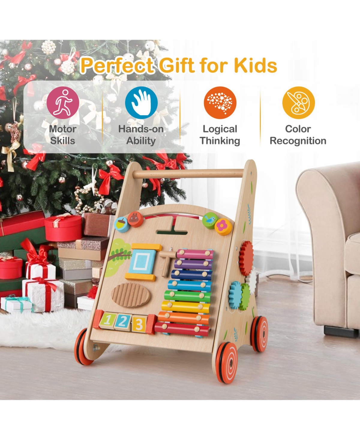 Slickblue Wooden Baby Push and Pull Walker with Storage and Sturdy Handle-Light Brown