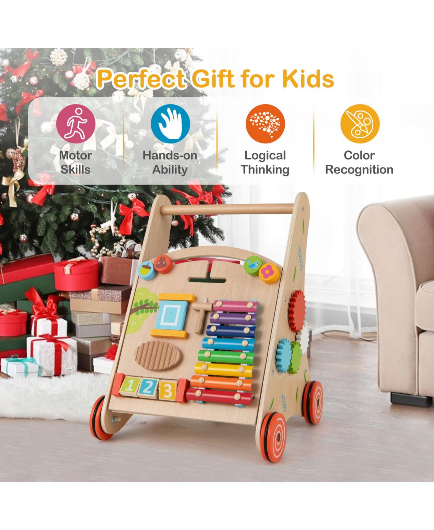 Wooden Baby Push and Pull Walker with Storage and Sturdy Handle-Light Brown