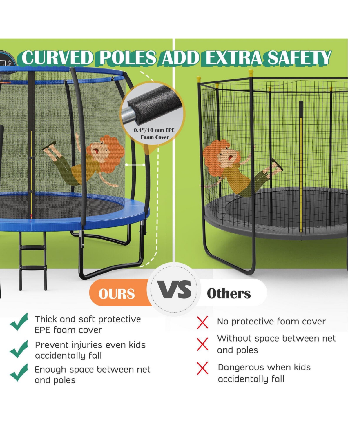 Slickblue Recreational Trampoline with Basketball Hoop Enclosure Net Ladder