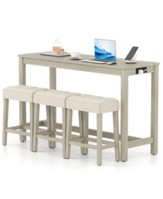 4-Piece Counter Height Bar Table Set with 3 Upholstered Stools and Charging Station