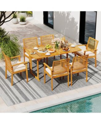 7 Piece Acacia Wood Patio Dining Set with Slatted Table and 6 Cushioned Armchairs