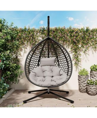Egg Hanging Chair, Foldable PE Rattan Hammock Swing Chair with Soft Removable Cushion, 330 lbs Capacity for Balcony and Garden