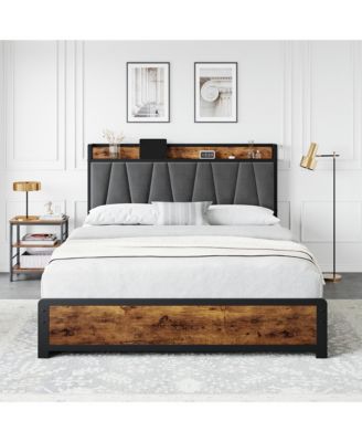 Storage Bed Frame with Linen Upholstered Headboard, 4 Drawers, Charging Station and No Box Spring Needed