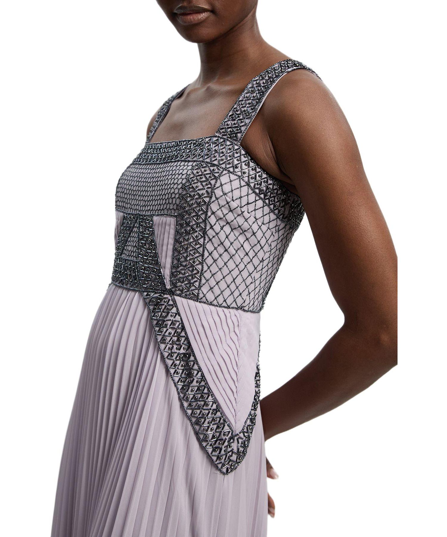 Women's Embellished Pleated Woven Midi Dress