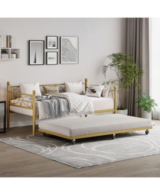 Metal Daybed with Trundle, Convertible Sofa Bed Frame with Pull-Out Guest Bed, Steel Slat Support, No Box Spring Needed