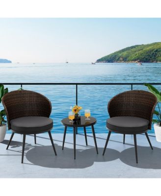 3PCS Patio Rattan Bistro Furniture Set Cushioned Chair Table Garden