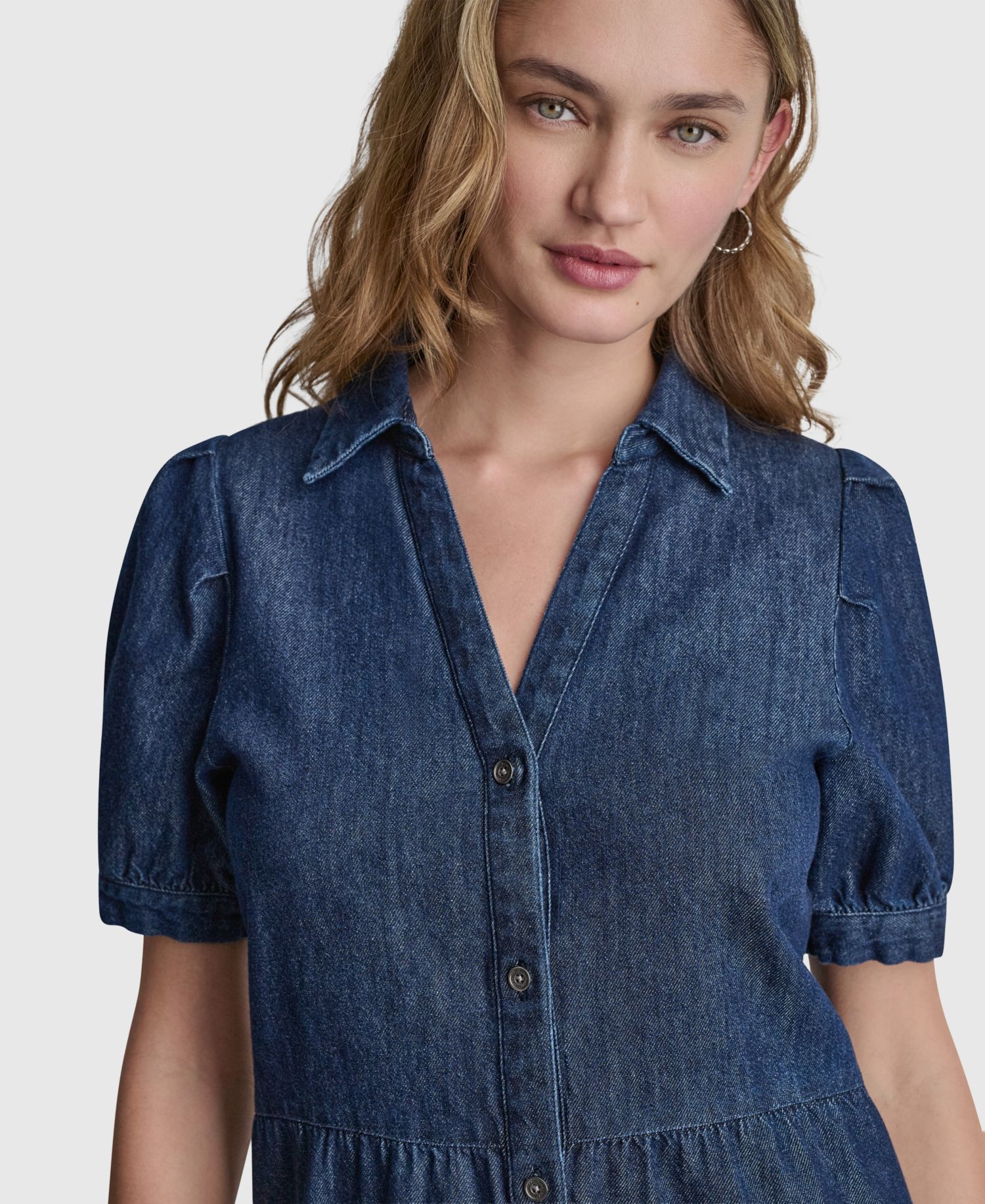 Women's Tiered Puff-Sleeve Collared Denim Cotton Mini Shirt-Dress