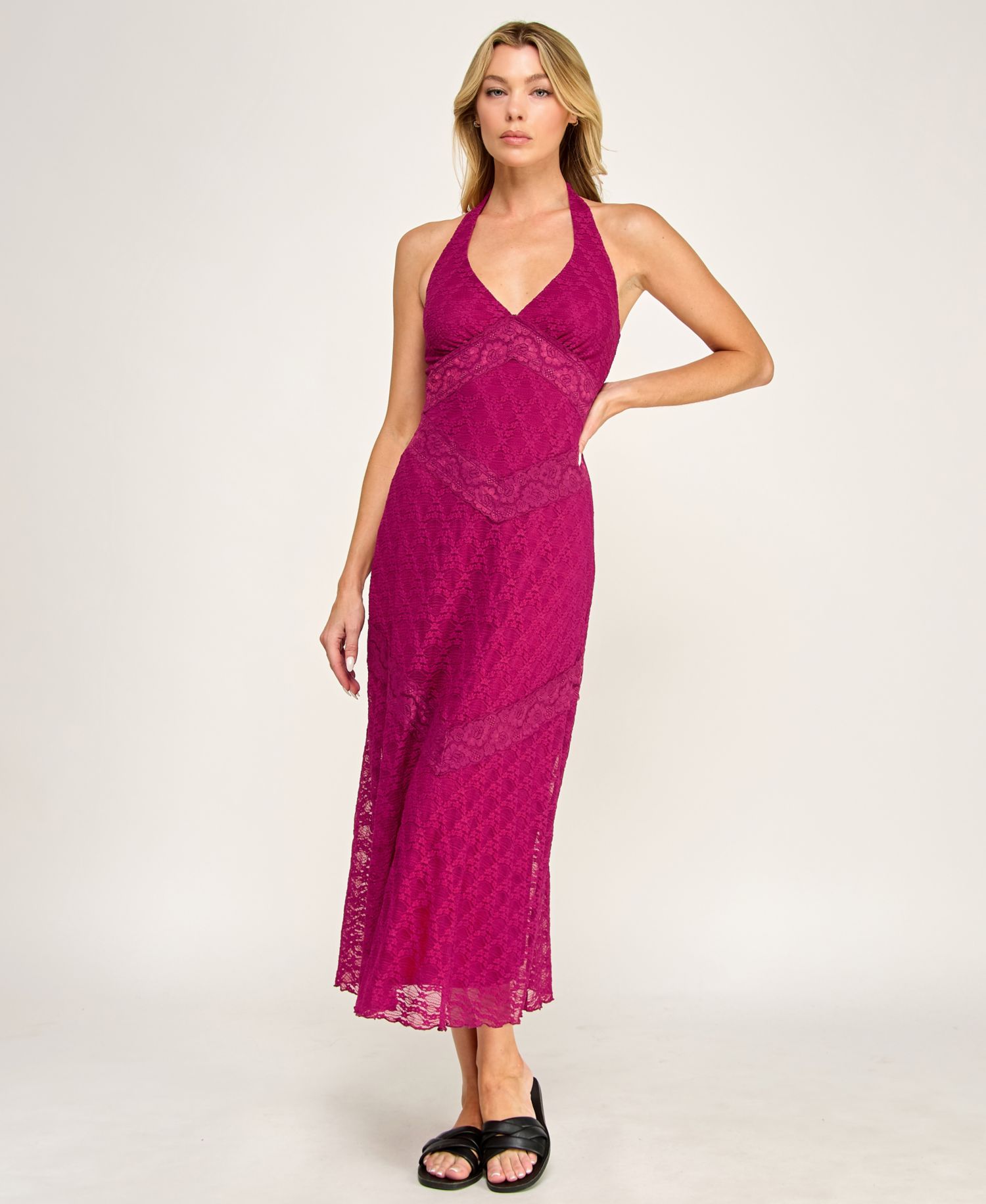 Juniors' Lace Detail Halter Neck Midi Dress