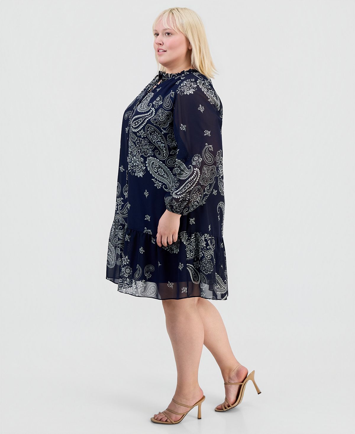 Robbie Bee Plus Size Printed Chiffon Tie-Neck Tiered Dress view 4 — MAYCSS fashion products
