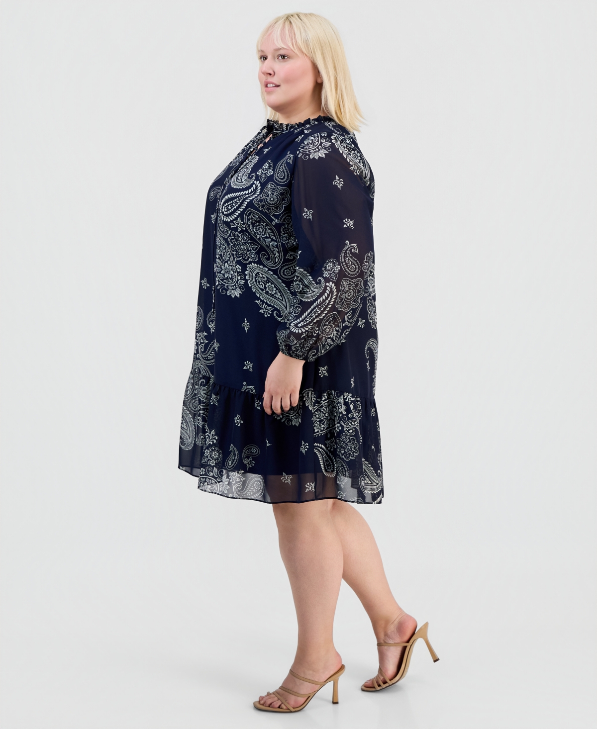 Robbie Bee Plus Printed Chiffon Tie-Neck Tiered Dress