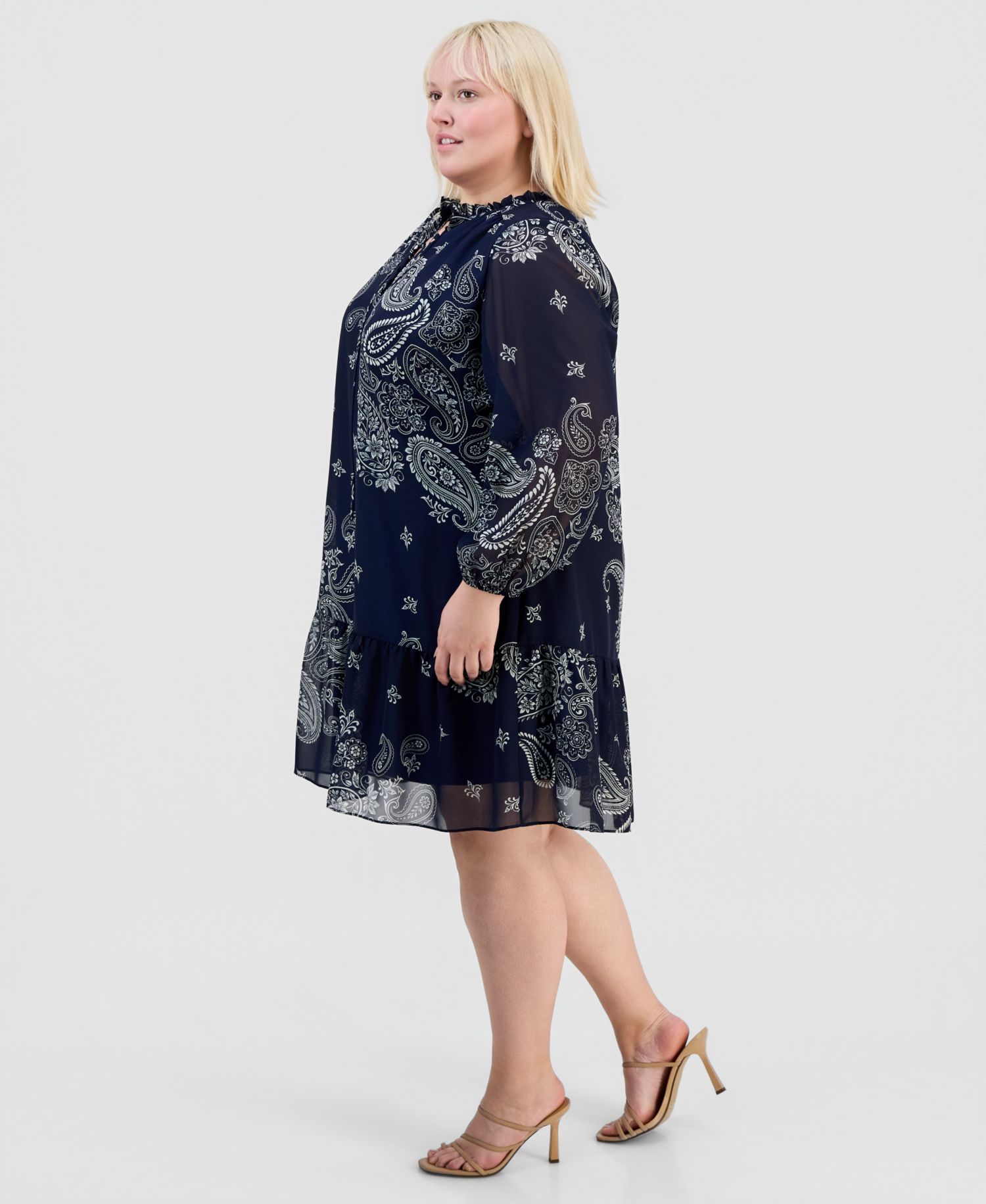 Plus Size Printed Chiffon Tie-Neck Tiered Dress
