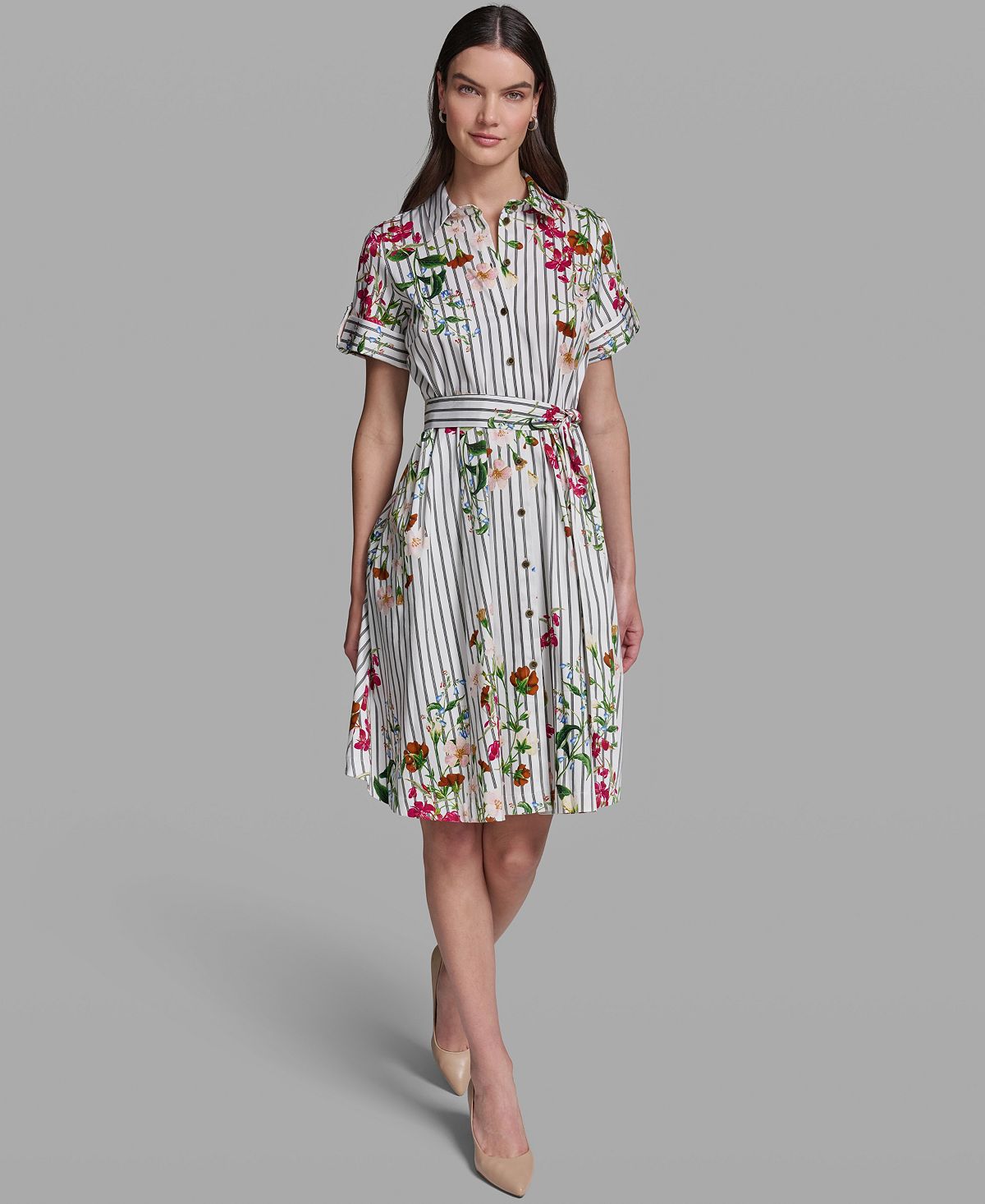 KARL LAGERFELD PARIS Women's Short-Sleeve Striped Shirt-Dress view 2 — MAYCSS fashion products