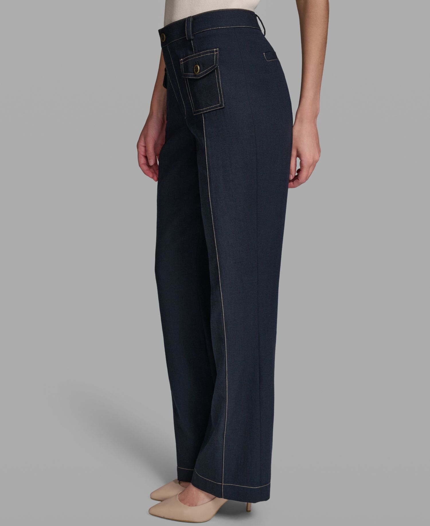 Women's Front Pockets Mid-Rise Straight Long Pants