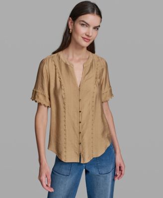 Women's Short-Sleeve Nailhead Trim Woven Top
