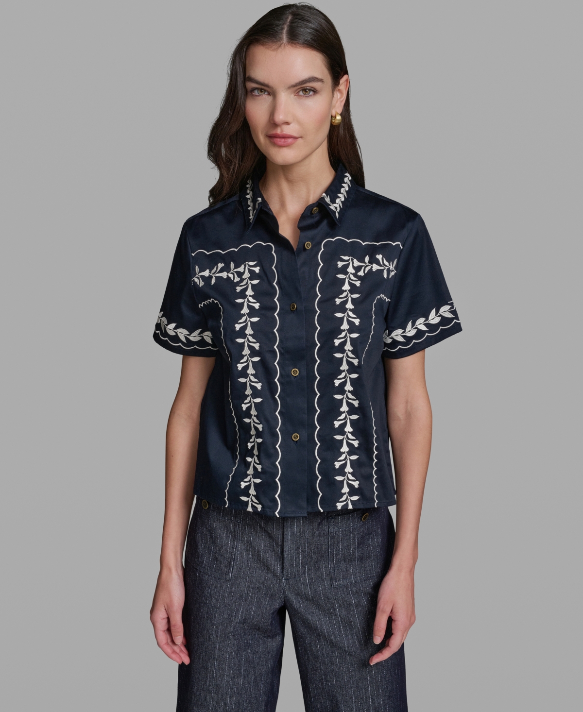 Karl Lagerfeld Paris Women's Short-Sleeve Embroidery Shirt