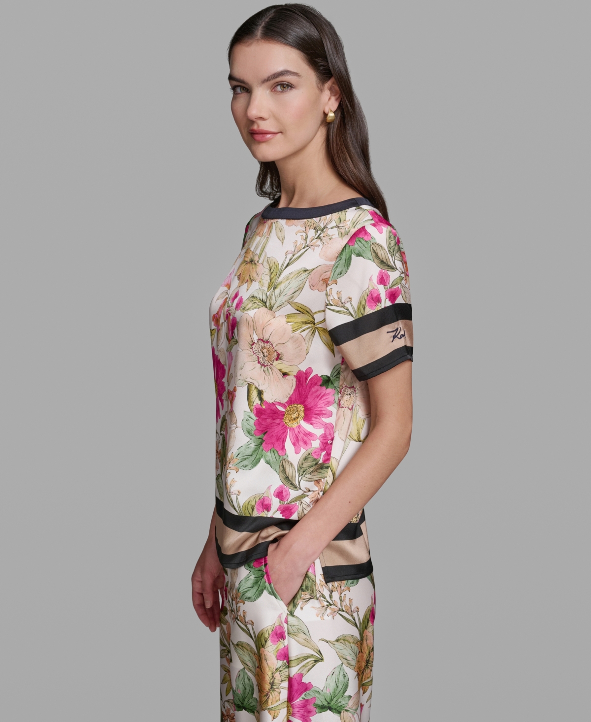 Karl Lagerfeld Paris Women's Short-Sleeve Floral Printed Top