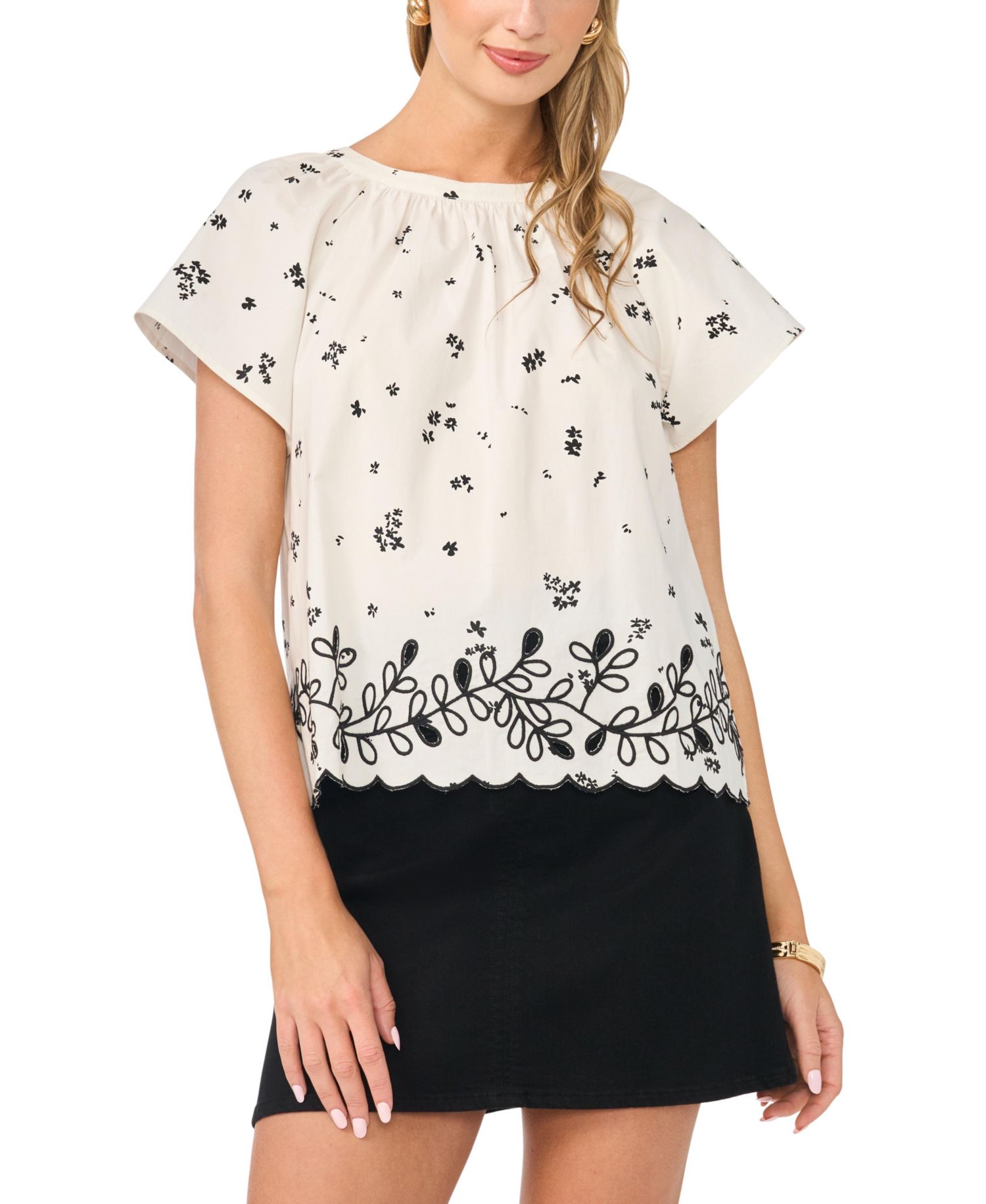 Women's Embroidered Flutter-Sleeve Top