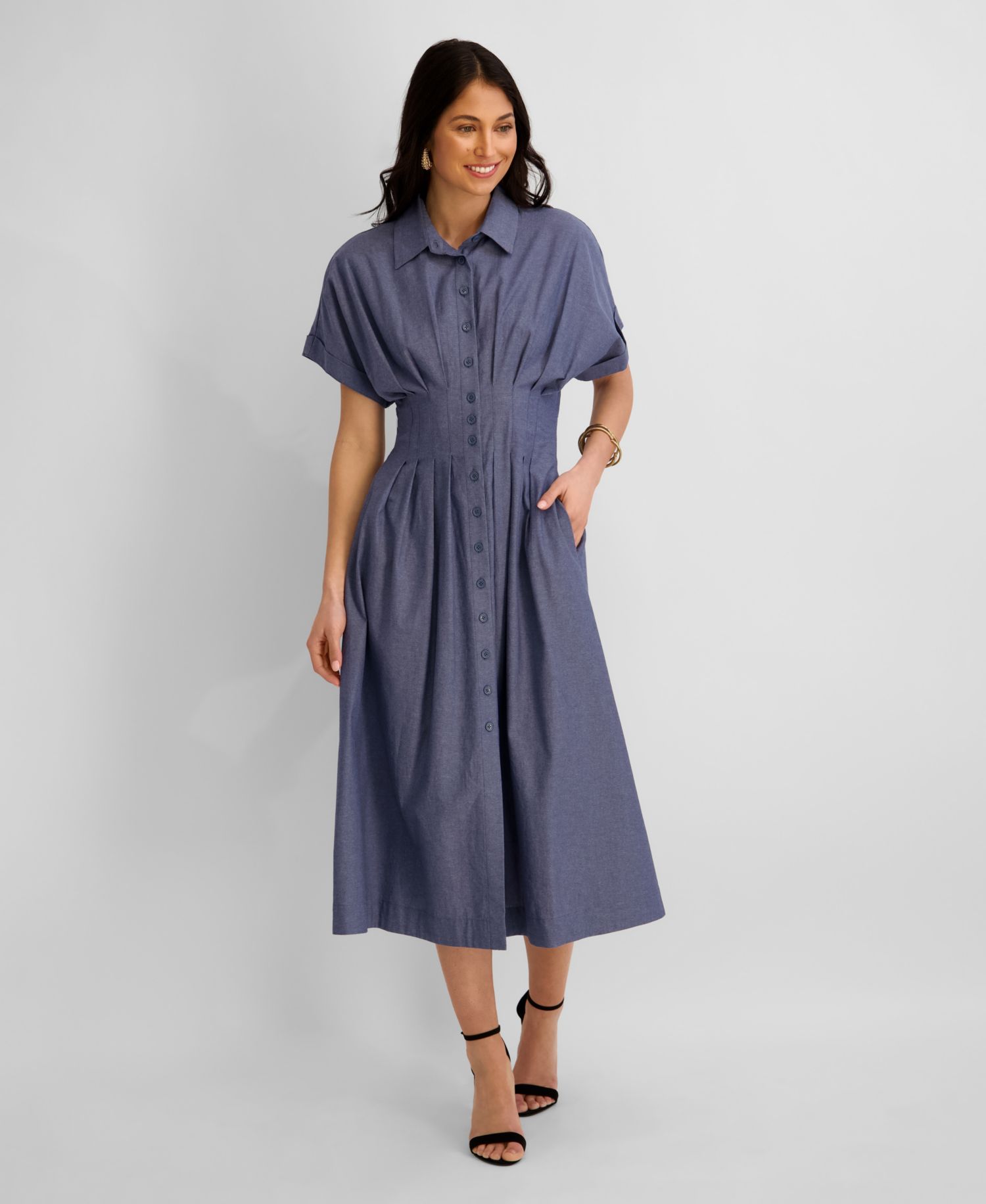 Women's Button-Front Short-Sleeve Midi Shirt-Dress