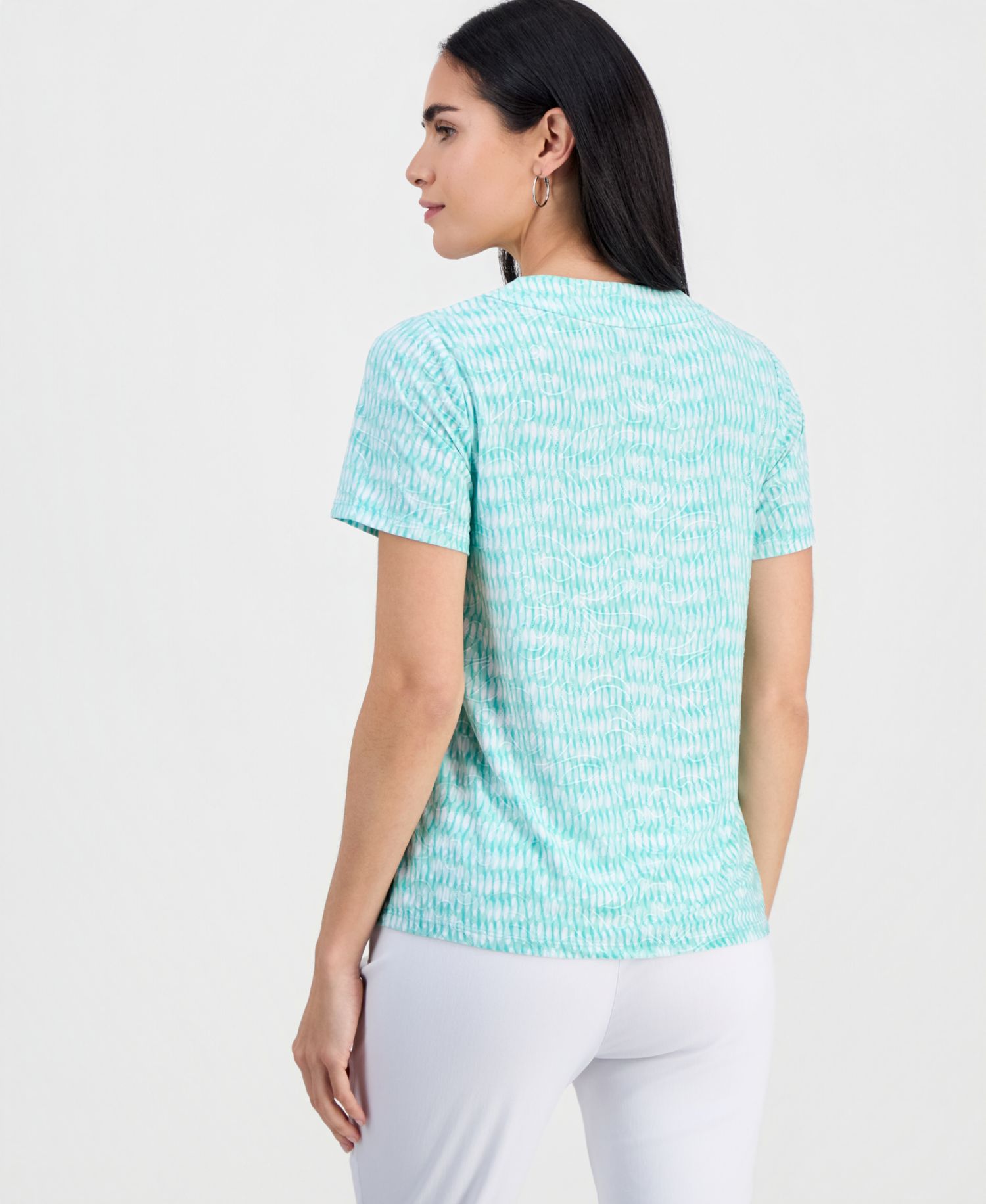 Petite Short-Sleeve Jacquard V-Neck Top